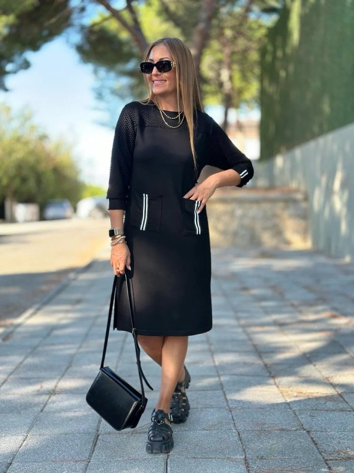 Kadın Viskon Pamuklu Kumaş Kol File , şerit Ve Cep Detaylı Elbise - Görsel 4