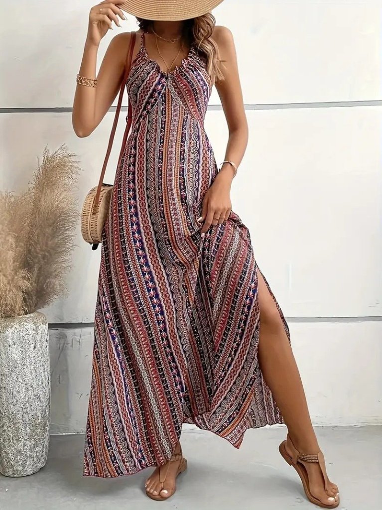 Kadın Ip Askılı Sırttan çapraz Detaylı Yırtmaçlı Desenli Süprem Elbise - Görsel 10