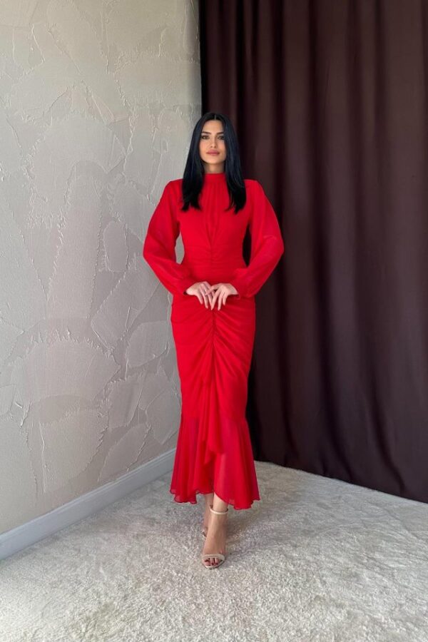 Siyah Önü Büzgülü Şifon Elbise