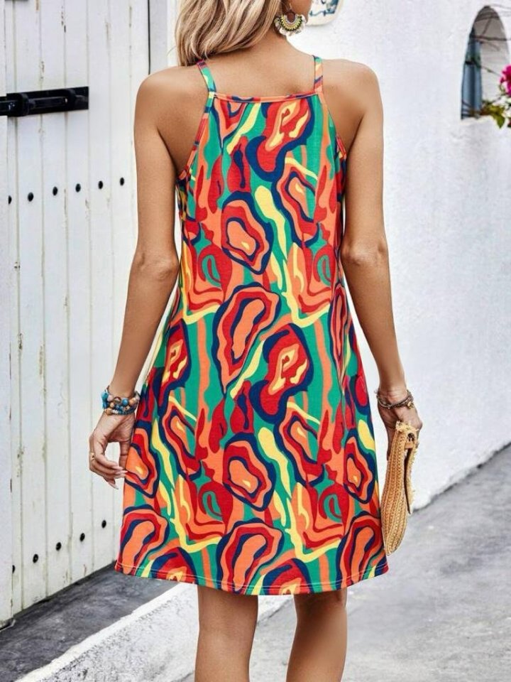 Kadın Kolsuz Yuvarlak Yaka önden çapraz şerit Detay çok Renkli Baskılı Süprem Kısa Elbise - Görsel 3