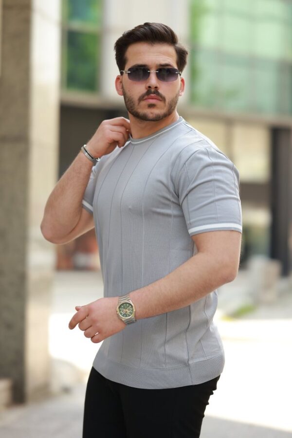 Erkek Bisiklet Yaka çizgi Desenli Ribanalı Kısa Kollu Tshirt