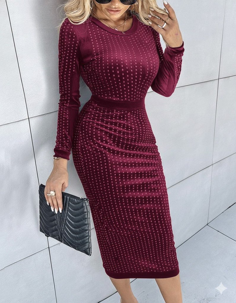 Kadın Uzun Kollu Bisiklet Yaka Taşlı Midi Kadife Elbise - Görsel 9