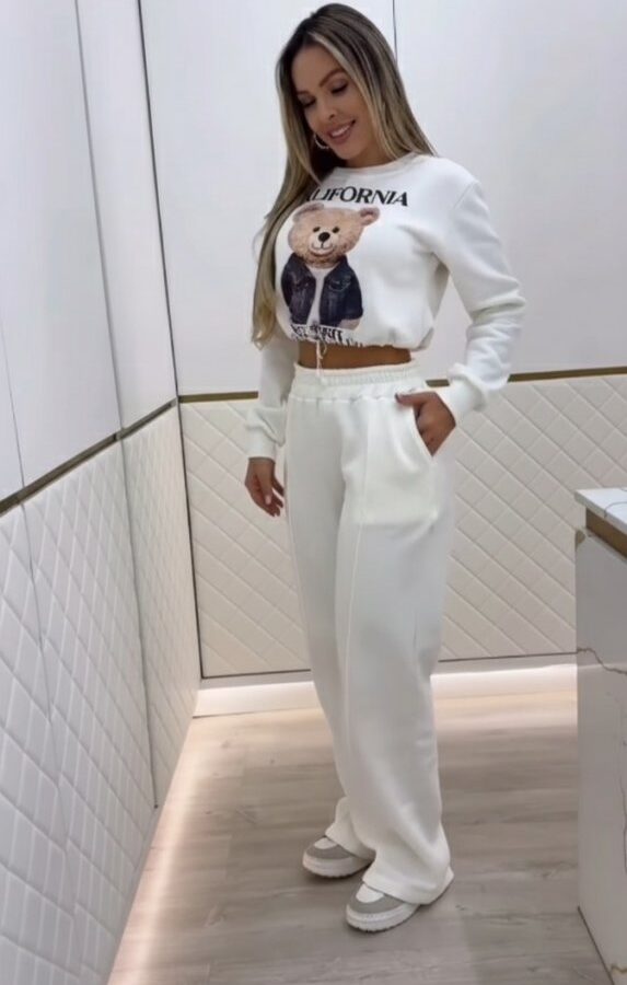 Kadın Uzun Kollu Bisiklet Yaka Desenli Iki Iplik şardonlu Bluz Ve Pantolon Ikili Takım