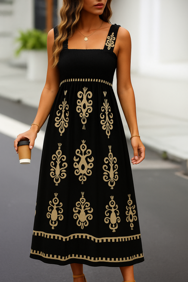 Kadın Askılı Kare Yaka Gipe Detaylı Desenli Suprem Elbise - Görsel 2