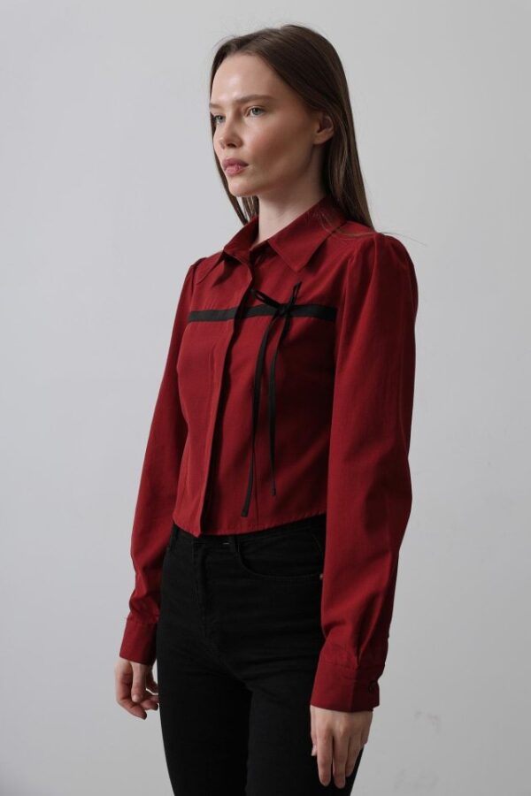 Önü Kontrast Fiyonklu Gömlek - Bordo