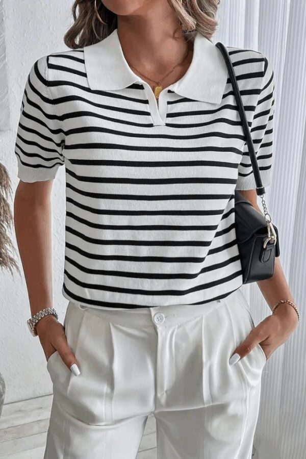 Kadın Kısa Kol Polo Yaka çizgi Desen Triko Bluz