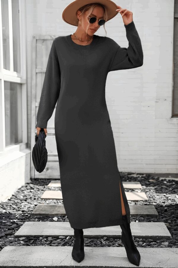 Kadın Uzun Kollu Bisiklet Yaka Yırtmaç Detay Triko Midi Boy Elbise