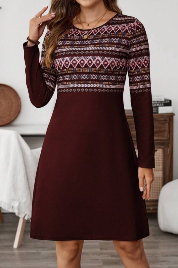 Kadın Uzun Kollu Bisiklet Yaka Etnik Desenli Kısa şardonlu Dalgıç Elbise