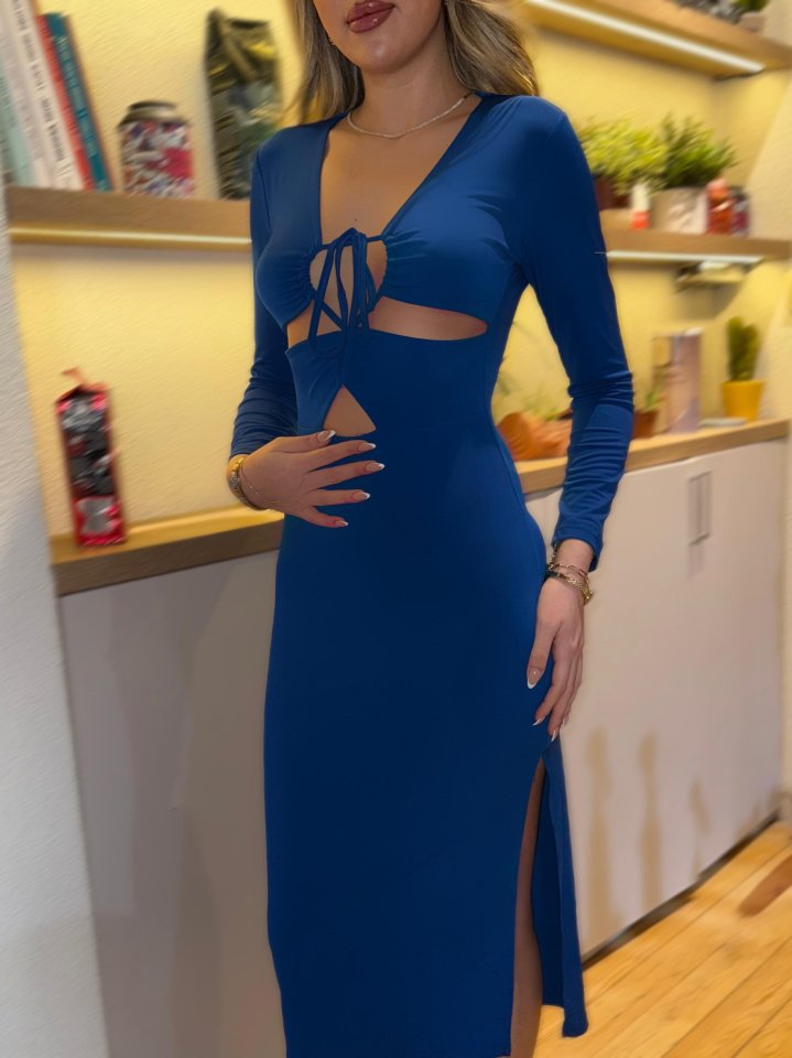 Kadın Uzun Kollu Göğüs Ve Göbek Dekolte Detay Sandy Midi Boy Elbise - Görsel 6