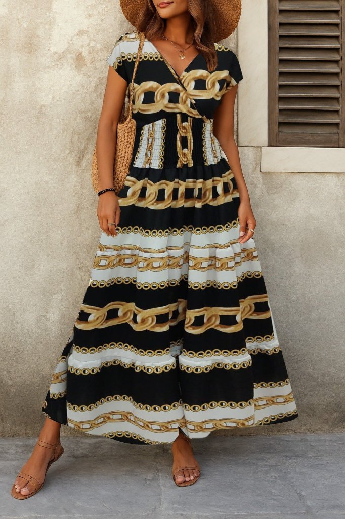 Kadın Kısa Kollu Kruvaze Yaka Beli Lastikli Süprem Maksi Boy Elbise - Görsel 21