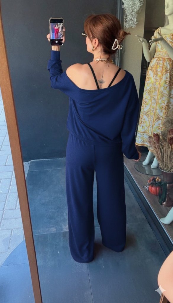 Kadın Uzun Kollu Tek Omuzdan Açık Viskon Iki Iplik Bluz Ve Pantolon Ikili Takım - Görsel 12