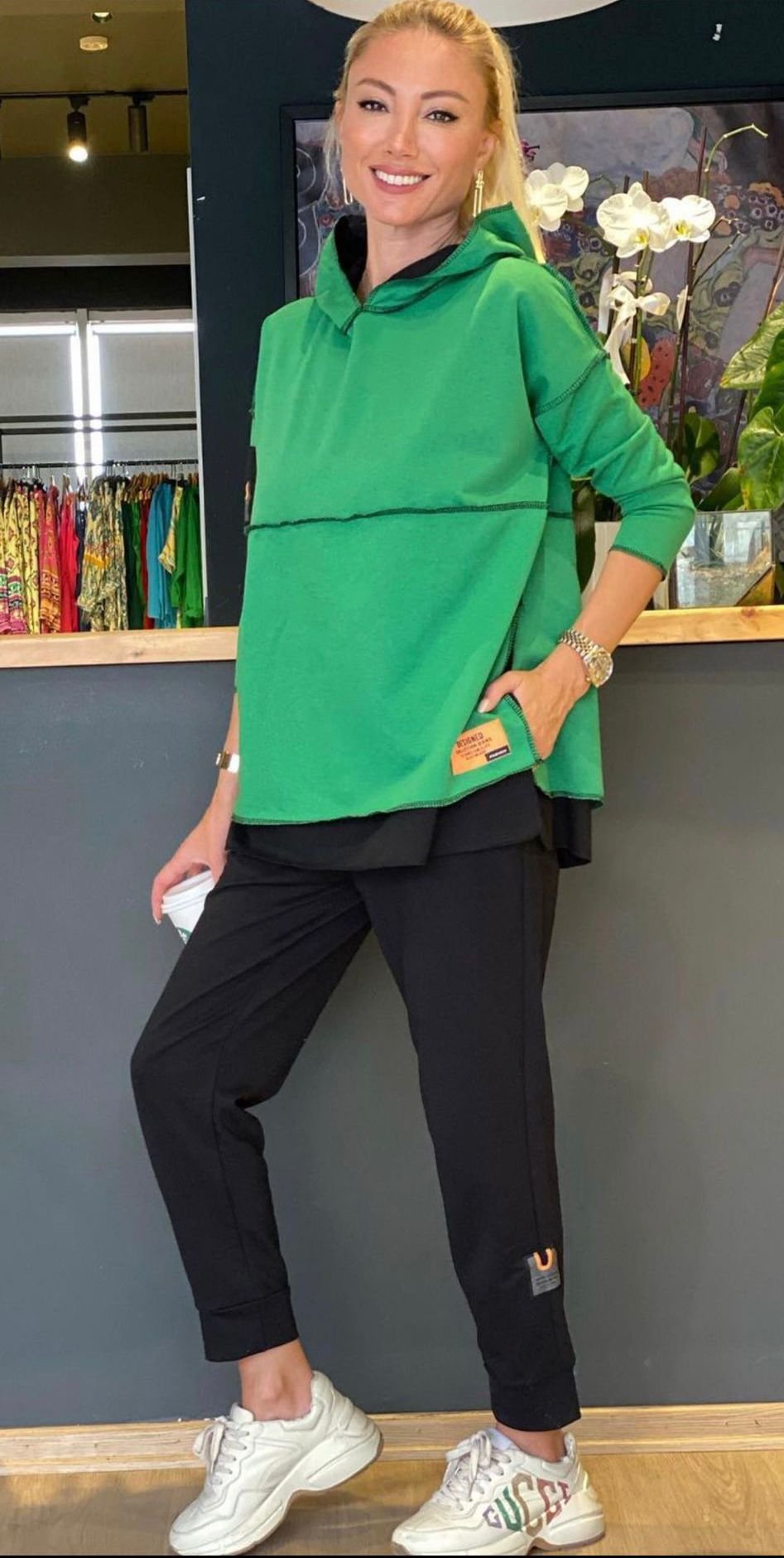 Kadın Yeşil Kapşonlu Etek Ucu Detay Arma Ters Dikiş Gorunumlu Ikili Takım - Görsel 14