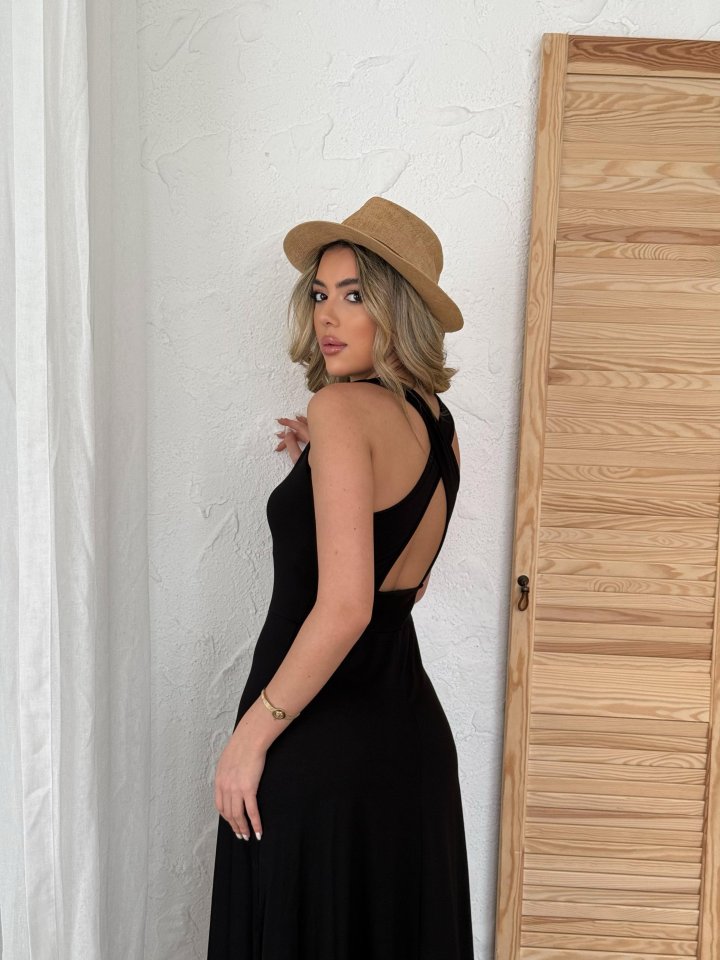 Kadın Arkadan çapraz Detay Yuvarlak Yaka Maksi Viskon Elbise - Görsel 5