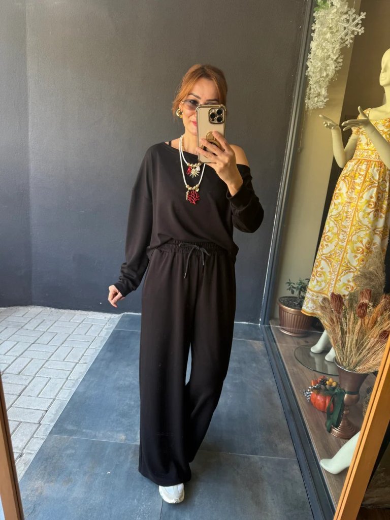 Kadın Uzun Kollu Tek Omuzdan Açık Viskon Iki Iplik Bluz Ve Pantolon Ikili Takım - Görsel 3