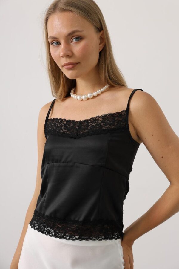 Likralı Saten Bluz - Siyah