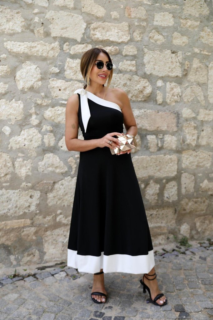 Kadın Tek Omuzu Açık Omuzlardan Kurdela Detaylı çift Renkli Ithal Krep Elbise - Görsel 4