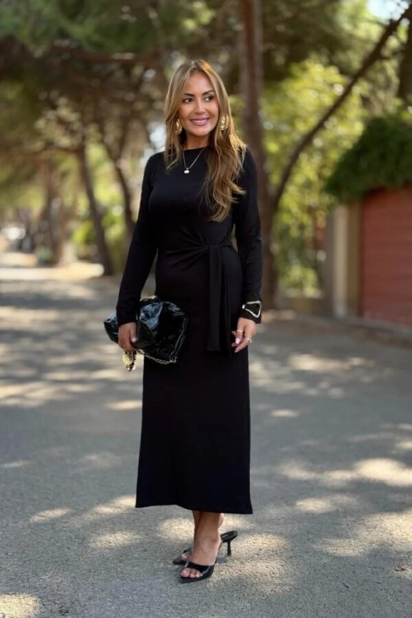 Kadın Uzun Kollu Bisiklet Yaka Yandan Bağlamalı Uzun Modal Elbise