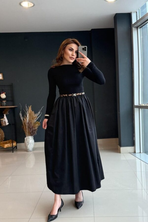 Kadın Uzun Kollu Bisiklet Yaka Uzun üst Viskon Alt Trikoton Elbise