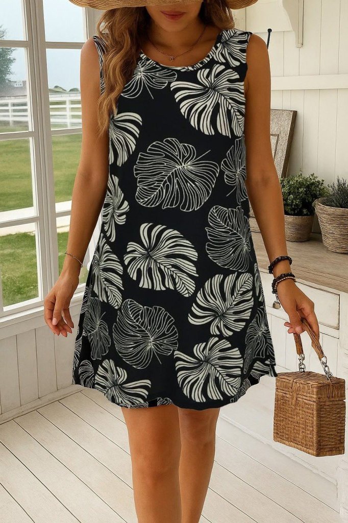 Kadın Sıfır Kollu Yuvarlak Yaka Desenli Süprem Elbise - Görsel 7