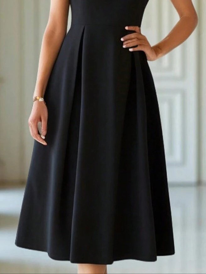 Kadın Kısa Kollu Yarı Balıkçı Yaka Pileli Janjan Krep Midi Elbise - Görsel 9