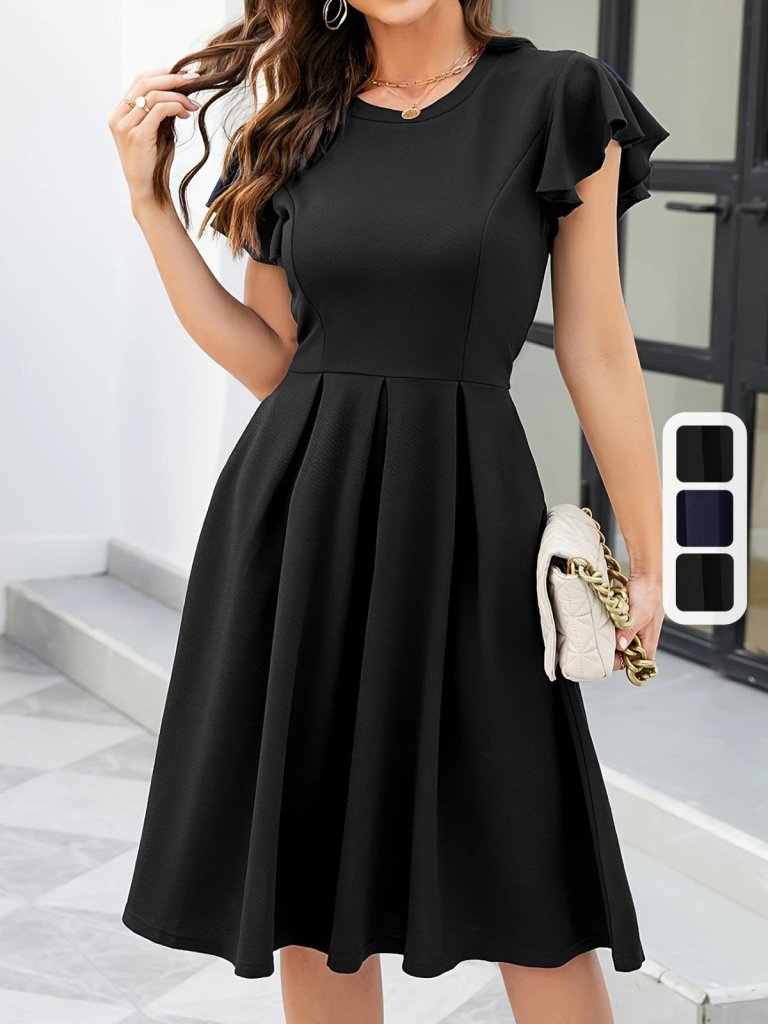 Kadın Kelebek Kollu Bisiklet Yakalı Pileli Ithal Krep Elbise - Görsel 4