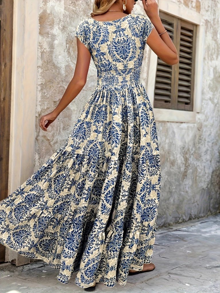 Kadın Kısa Kollu Kruvaze Yaka Beli Lastikli Süprem Maksi Boy Elbise - Görsel 13