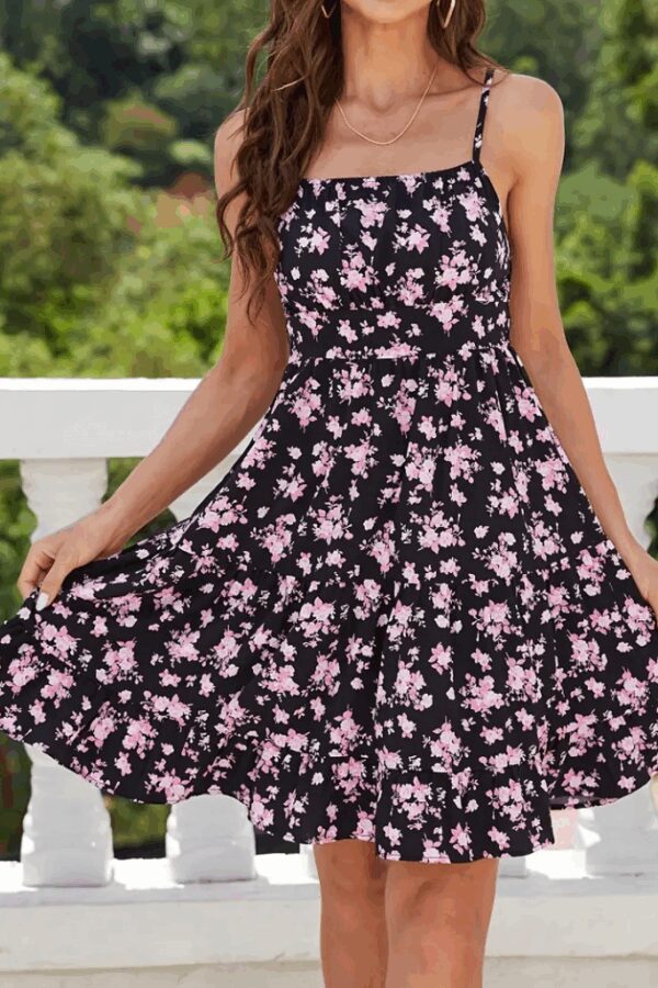 Kadın Askılı çiçek Desenli Süprem Mini Elbise