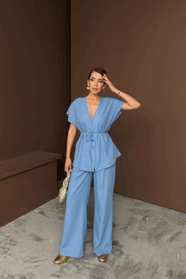 KETEN V YAKA BELDEN BAĞLAMALI BLUZ-PANTOLON TAKIM - Yeşil