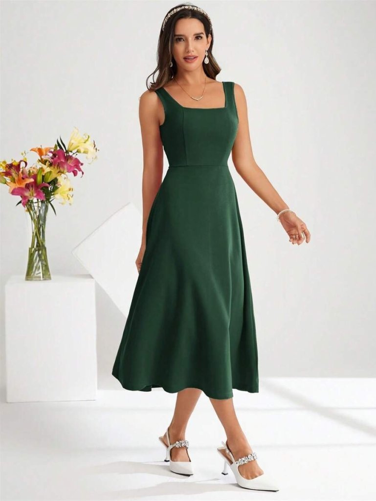 Kadın Askılı Kare Yakalı Midi Ithal Krep Elbise - Görsel 19