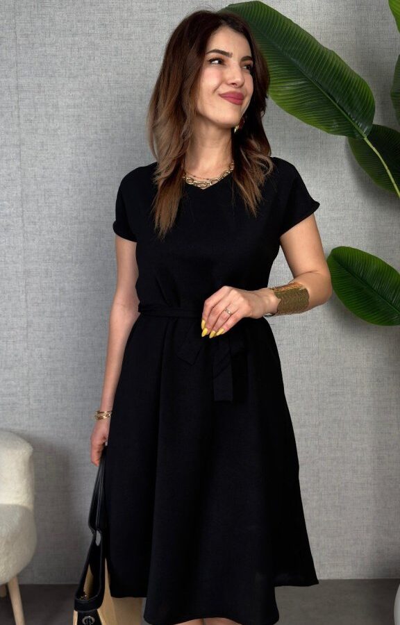 Kadın Kısa Kollu V Yakalı Beli Kuşaklı Ithal Keten Elbise