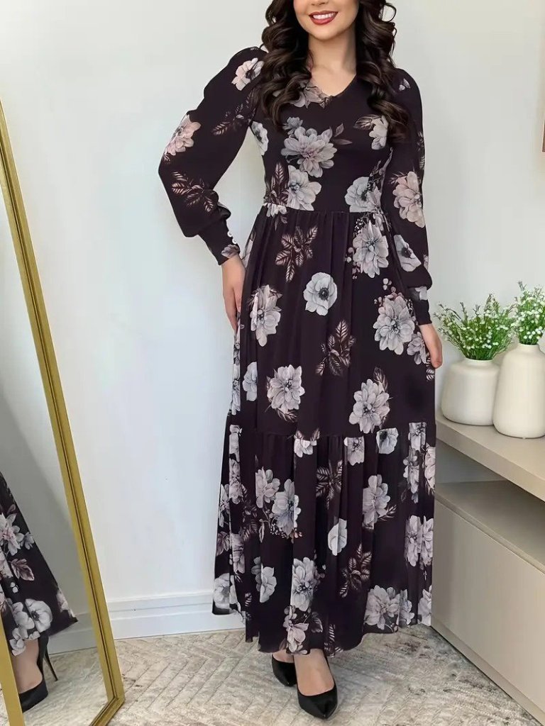 Kadın Uzun Kollu V Yakalı çiçek Desenli Maxi Süprem Elbise - Görsel 11