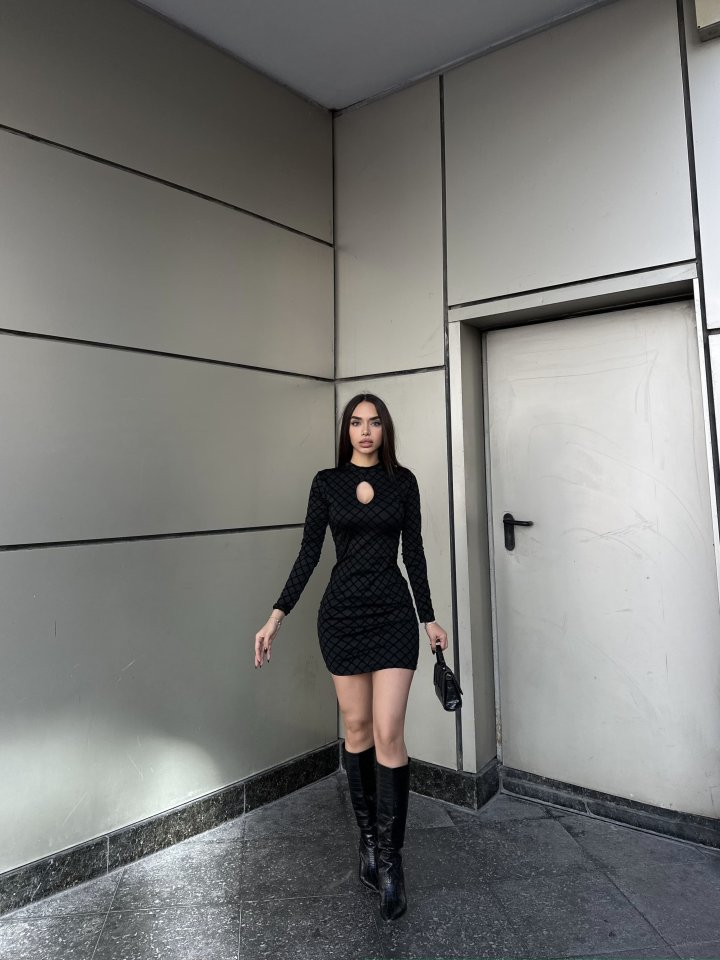 Kadın Uzun Kollu Damla Detay Flok Baskı Dalgıç Mini Elbise - Görsel 6