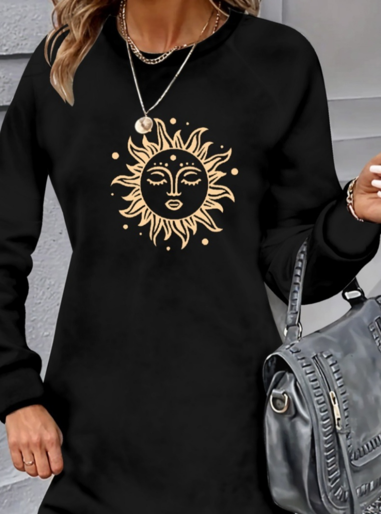 Kadın Uzun Kollu Bisiklet Yaka Güneş Desenli Viskon Iki Iplik Elbise - Görsel 5