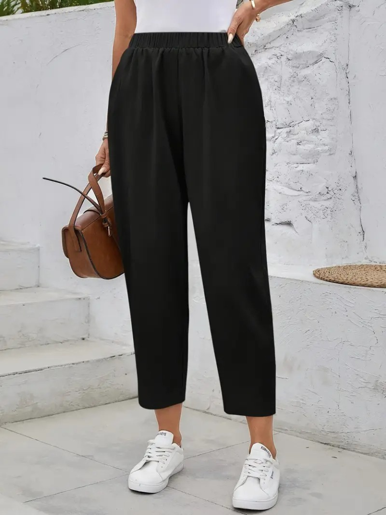 Kadın Yüksek Bel Yandan Cepli Düğme Detaylı Geniş Kesim Ithal Krep Pantolon - Görsel 9