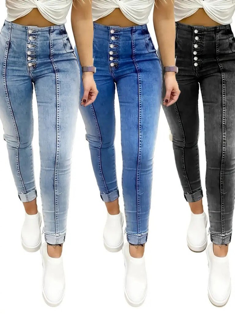 Kadın Yüksek Bel önden Düğmeli Jean Pantolon - Görsel 9