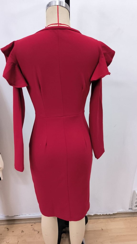 Kadın Uzun Kollu V Yakalı Yandan Yırtmaçlı Midi Ithal Krep Elbise - Görsel 5