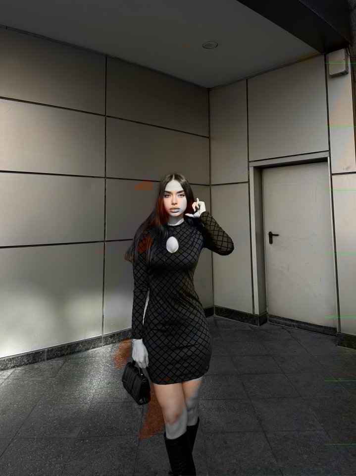 Kadın Uzun Kollu Damla Detay Flok Baskı Dalgıç Mini Elbise - Görsel 2