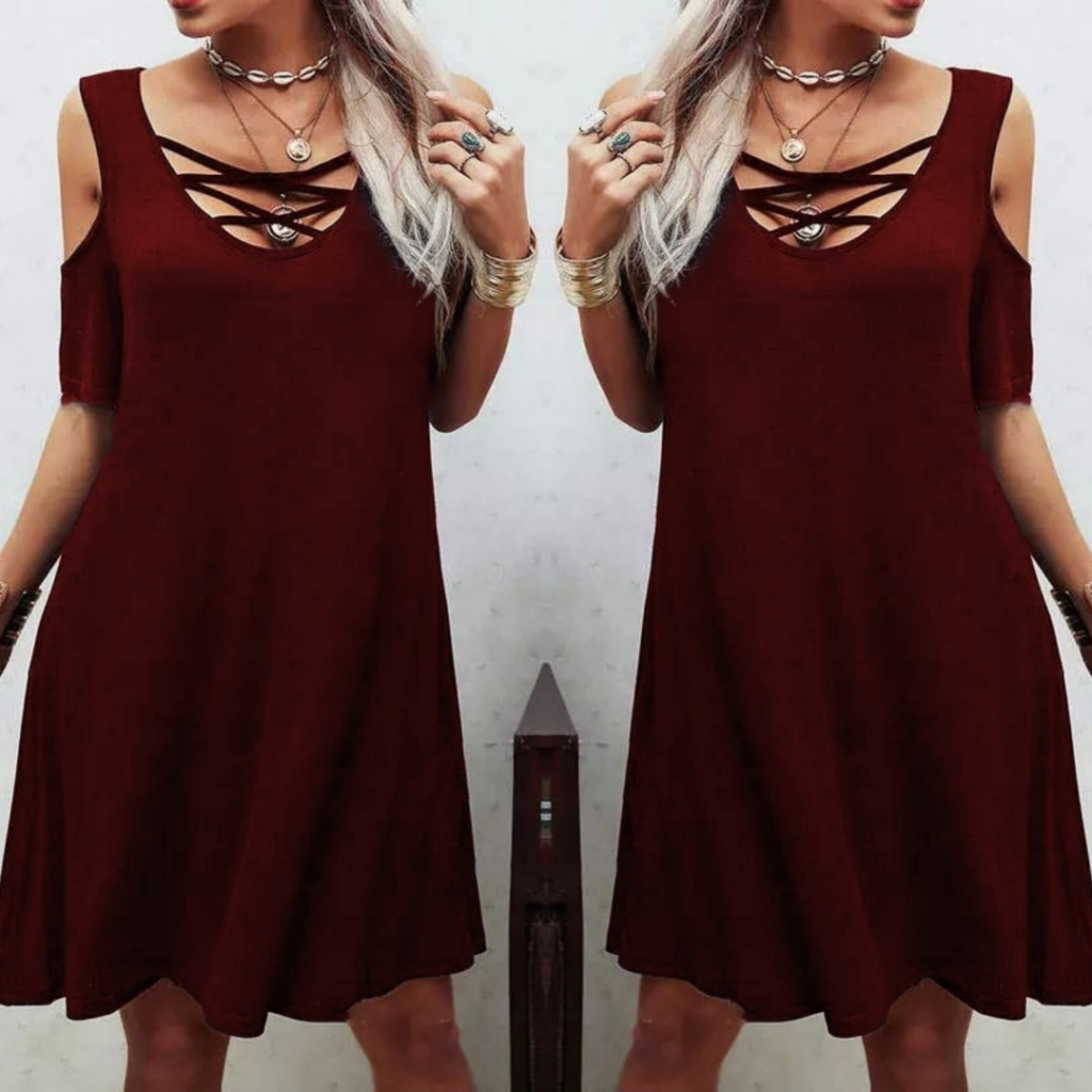 Dekolteli Bağcık Detay Viskon Kumaş Elbise - Görsel 2