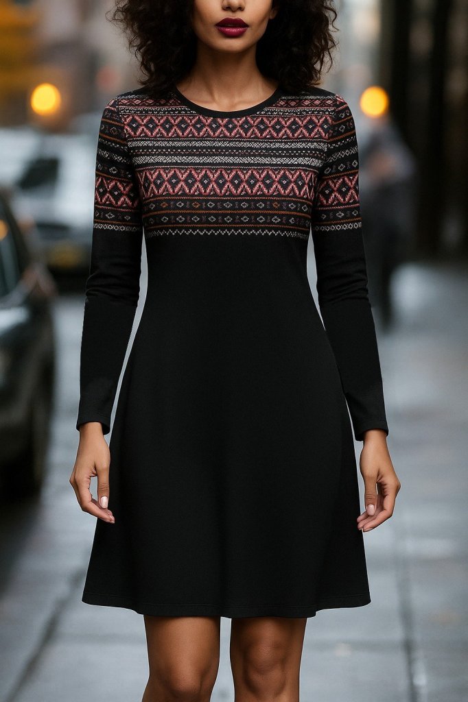 Kadın Uzun Kollu Bisiklet Yaka Etnik Desenli Kısa şardonlu Dalgıç Elbise - Görsel 4