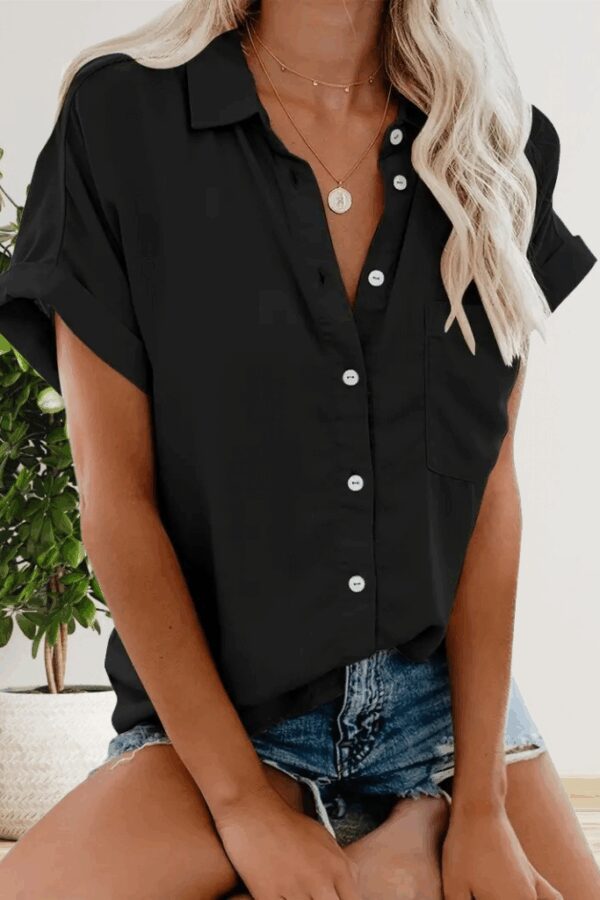 Kadın Kısa Kollu V Yakalı önden Düğmeli Dokuma Gömlek