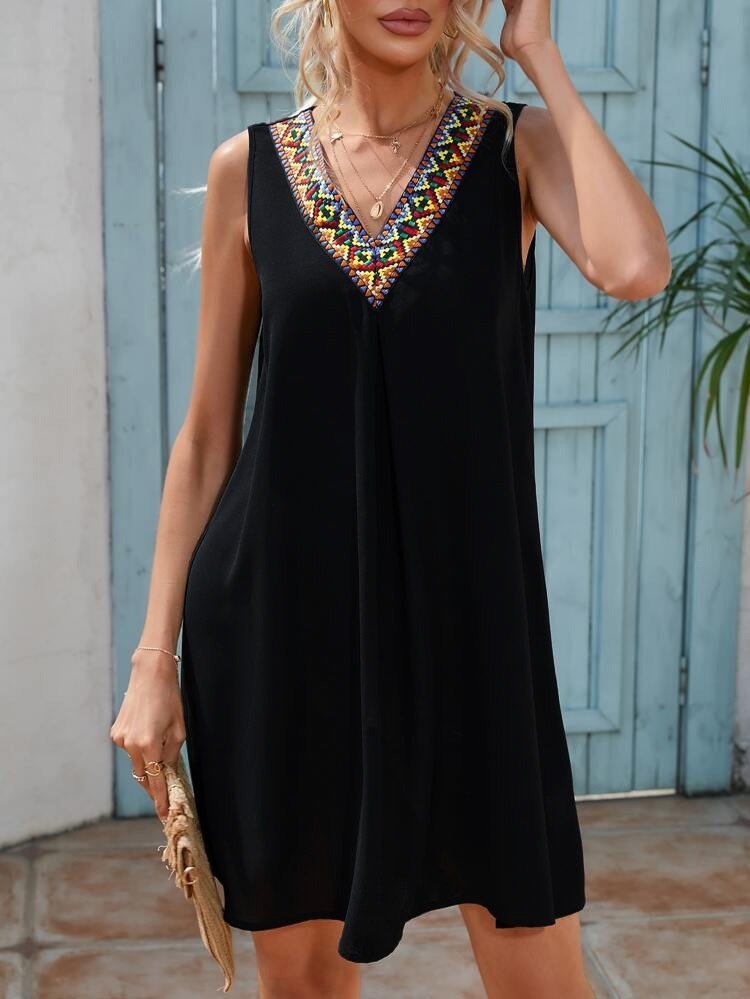 Kadın Sıfır Kol şerit Detaylı V Yaka Viskon Elbise - Görsel 3