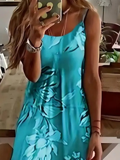 Kadın Askılı Yuvarlak Yaka Etek Geniş Kesim Desenli Süprem Elbise - Görsel 2