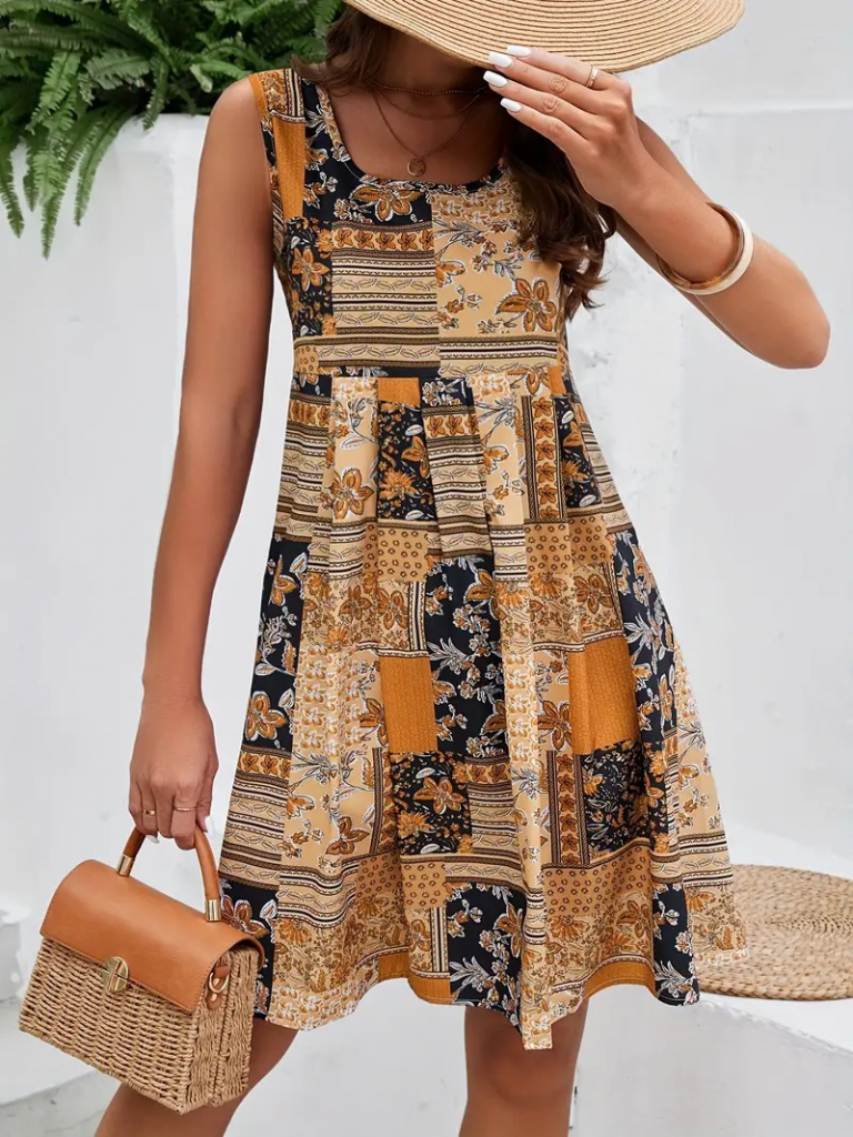 Kadın Sıfır Kol Yuvarlak Yaka çiçek Desenli Süprem Elbise - Görsel 14