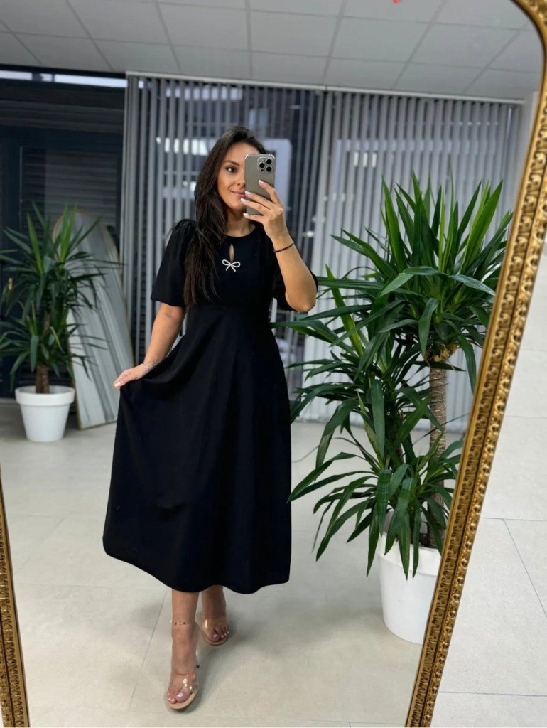 Kadın Kısa Kollu Bisiklet Yaka Fiyonk Broşlu Midi Janjan Krep Elbise - Görsel 3