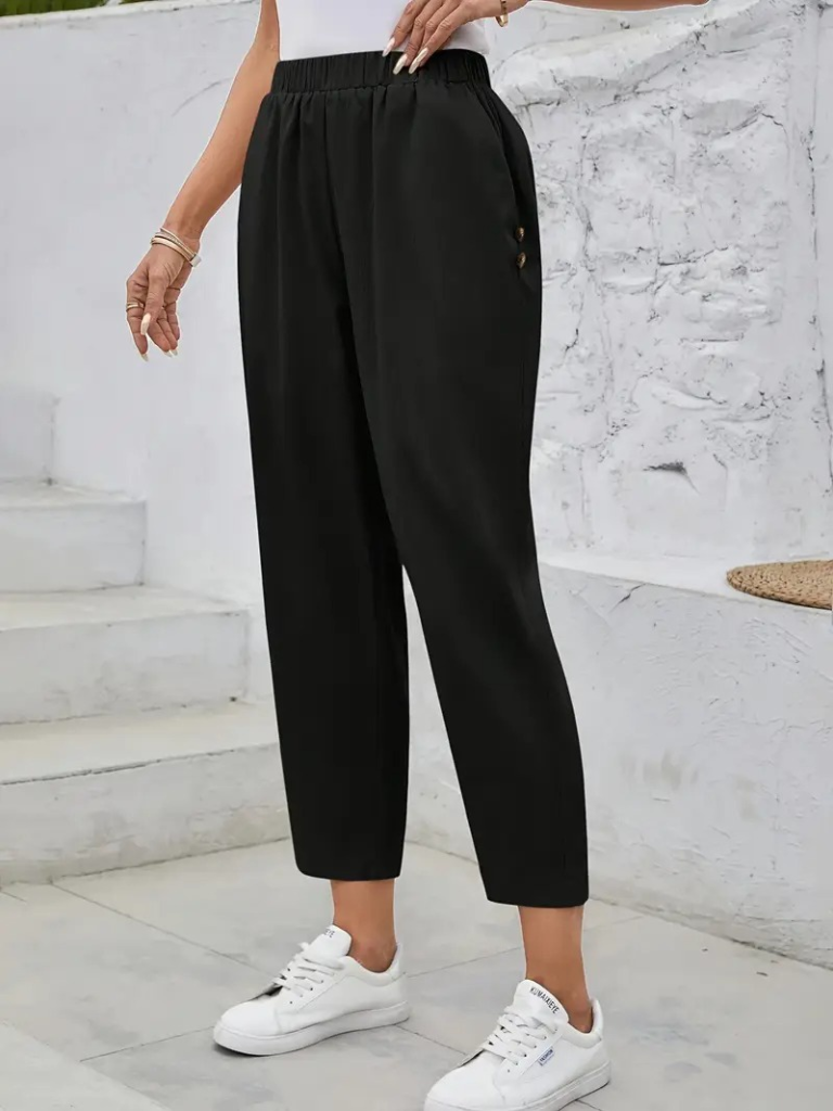 Kadın Yüksek Bel Yandan Cepli Düğme Detaylı Geniş Kesim Ithal Krep Pantolon - Görsel 11