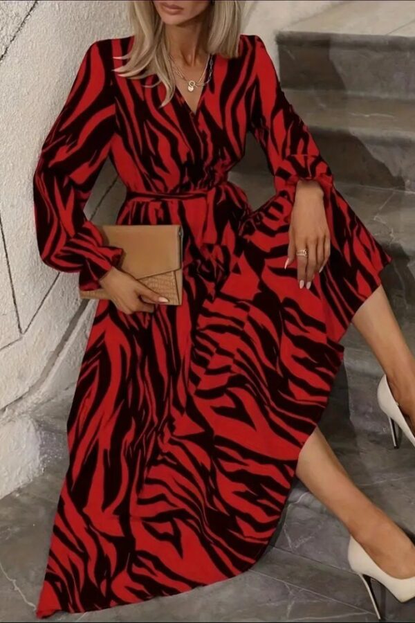 Kadın Uzun Kollu Kruvaze Yakalı Kuşaklı Zebra Desenli Süprem Maxi Elbise