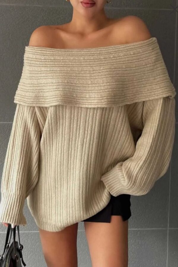 Kadın Uzun Kollu Katlama Detay Madonna Yaka Salaş Kazak