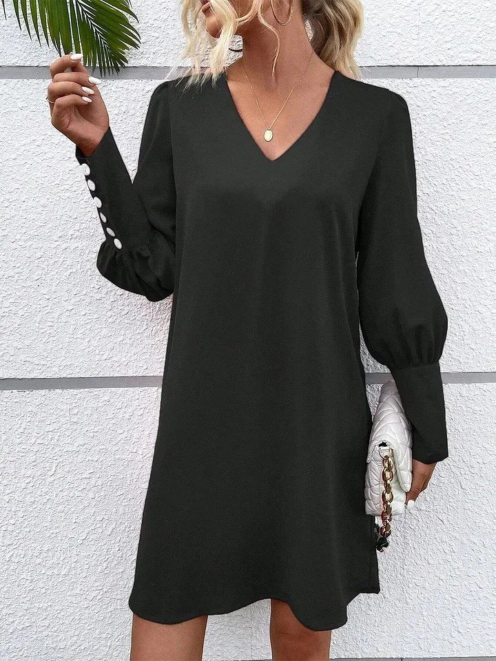 Kadın Uzun Kollu V Yakalı Kısa Ithal Krep Elbise - Görsel 5