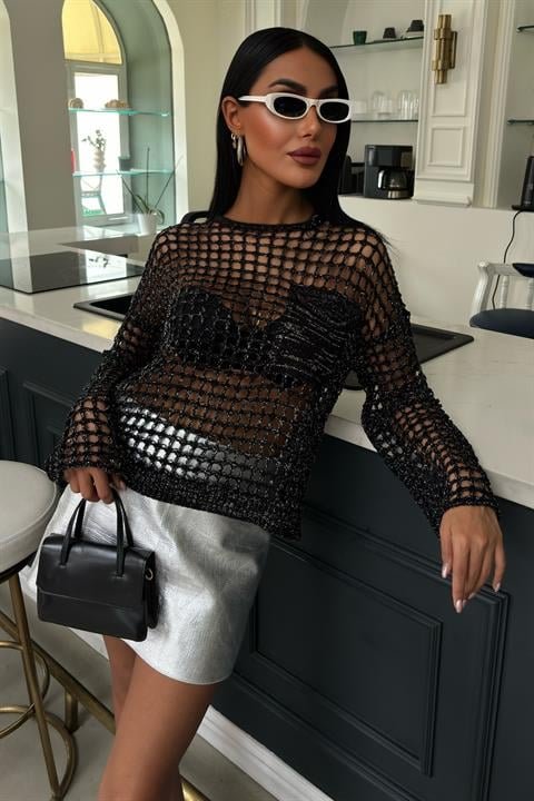 Cep Detay Simli Ajurlu Triko Bluz 1361