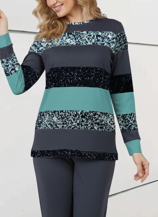 Kadın Uzun Kollu Bisiklet Yaka çizgili Desen Iki Iplik Bluz Ve Pantolon Ikili Takım - Görsel 12